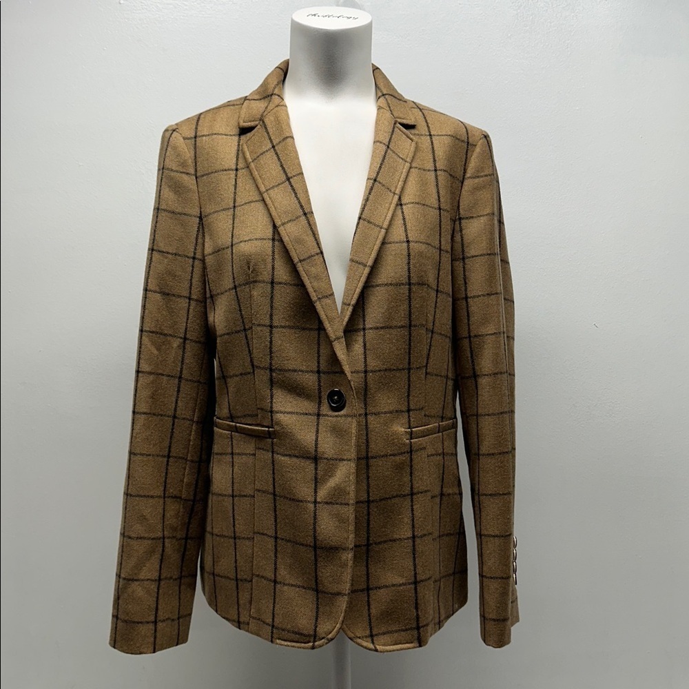 Brooks Brothers Blazer Jacket Coat Wool Plaid One Button Tan Brown Black Size 10